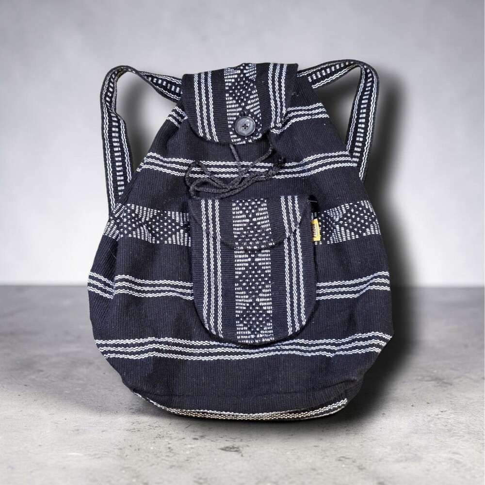 Pinzon Woven Backpack Black White Striped Boho Mexico Cotton Bag Beach Wear
